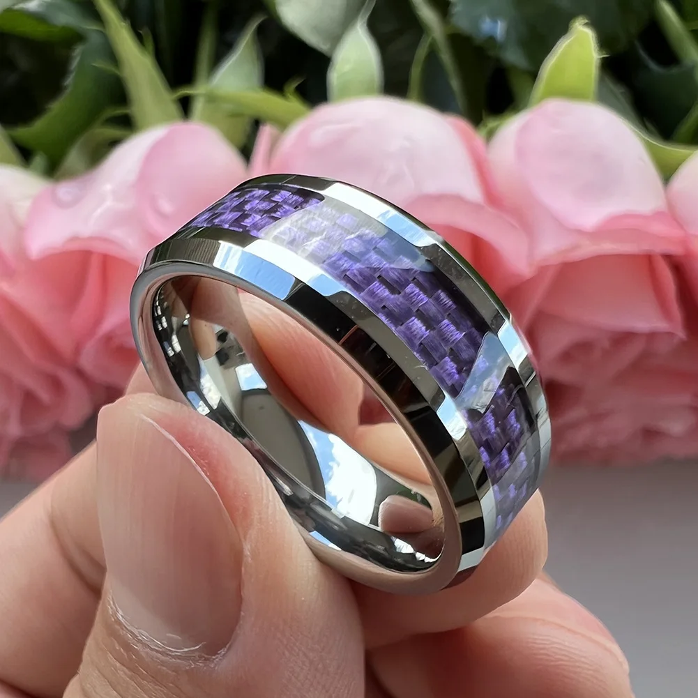 Mens 8mm Silver Tungsten Carbide Wedding Band Engagement Rings for Men Women Purple Carbon Fiber Inlay Beveled Edges Comfort Fit