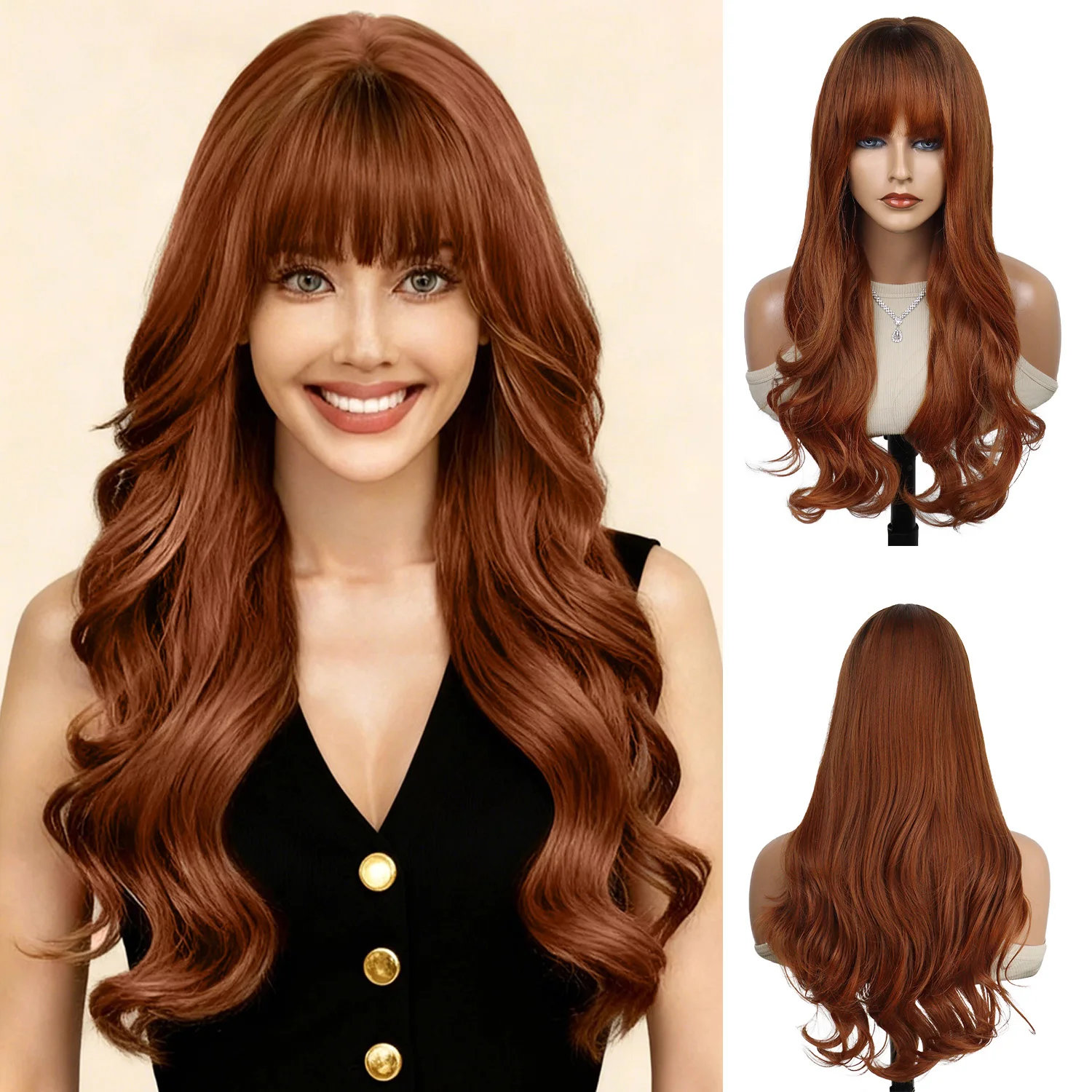 

Synthetic Fashion Ginger Orange Color Loose Wave Hair Replacement Wigs for Women Daily Heat Resistant Curly Wig with Full Bangs