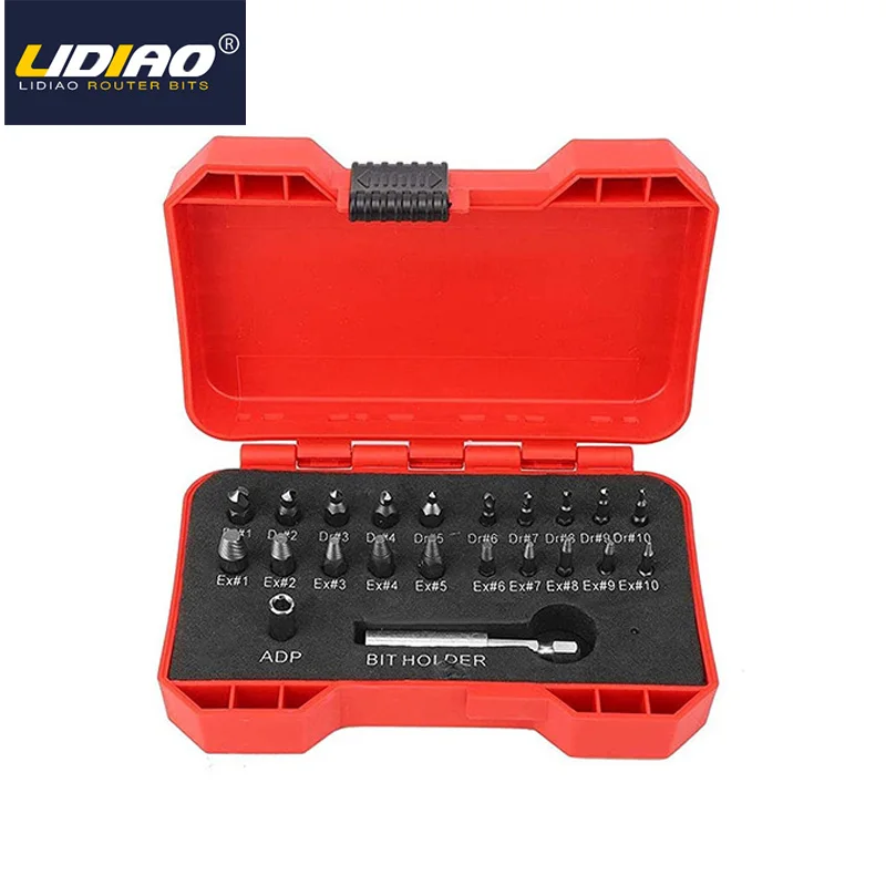 Kit de 22 extracteurs de vis endommagées avec embouts de perçage pour vis et boulons cassés ou abîmés, avec adaptateur de douille et support d'extension
