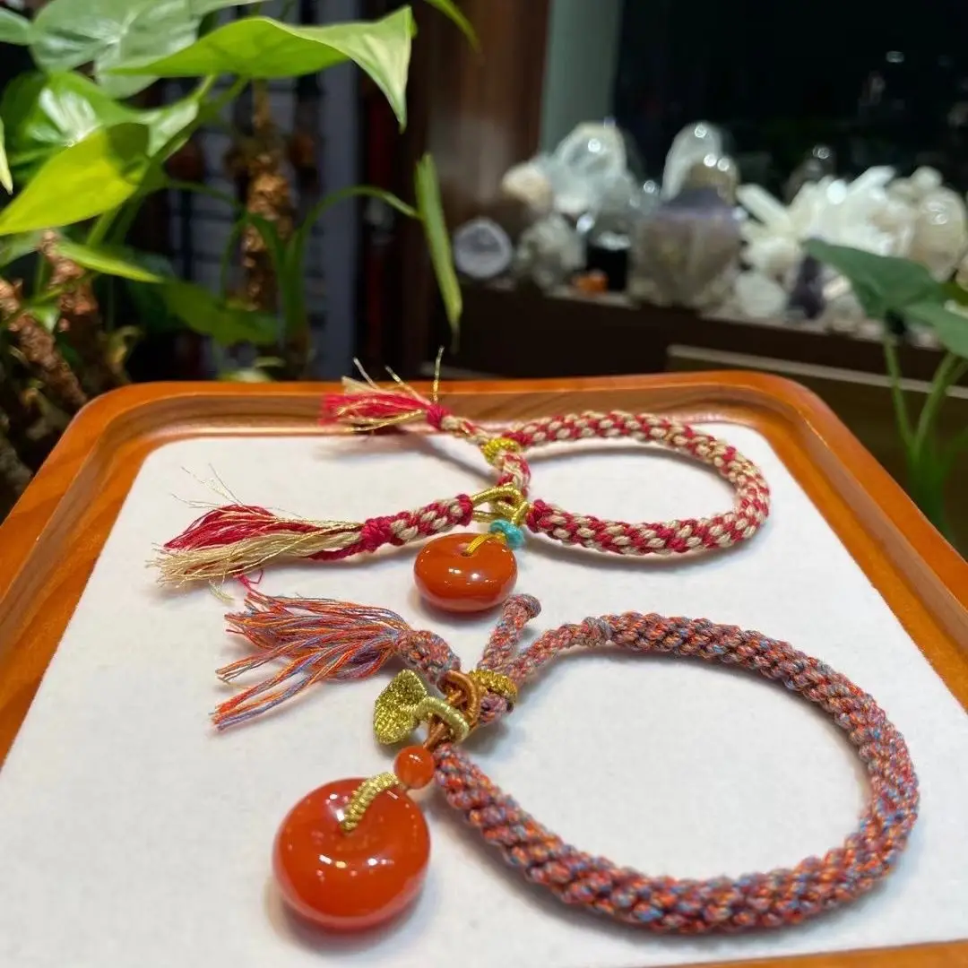 Chinese Lucky Natural South Red Agate Peace Buckle Hand Braided Rope Bracelet Good Blessing Fortune Jewelry Gift For Women Mom