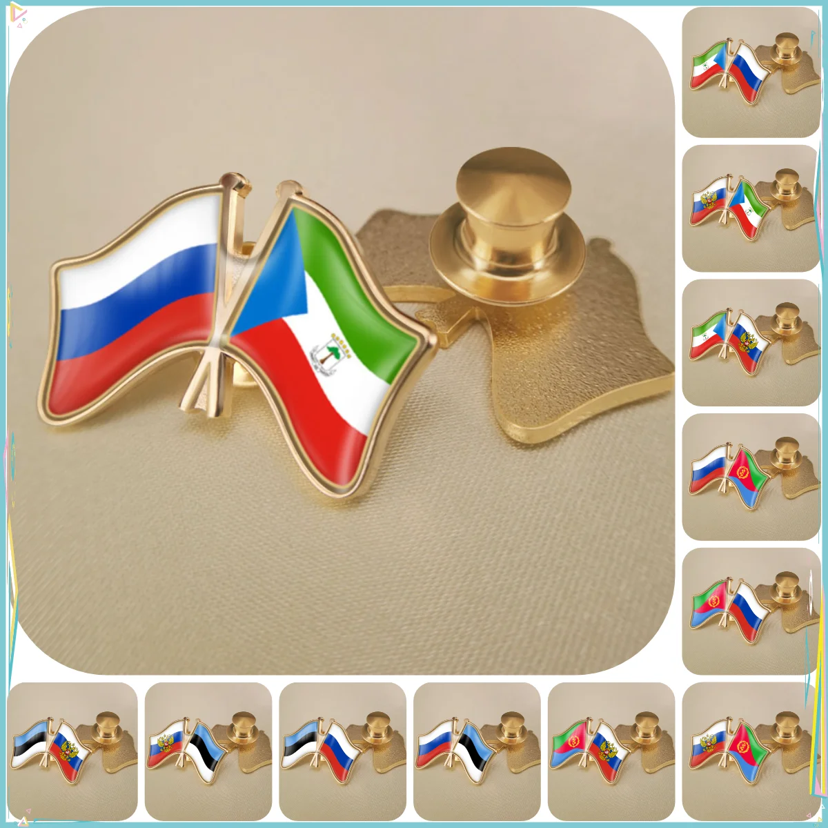 Russian Federation and Equatorial Guinea Eritrea Estonia Double Crossed Friendship Flags Brooches Lapel Pins Badges