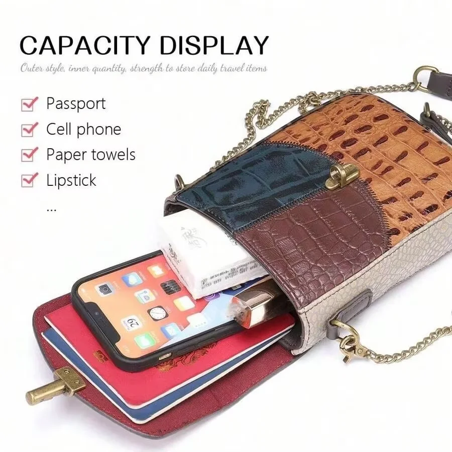 All‑Season Commuter Women Genuine Leather Handbag, Niche New Folk‑Style Crocodile Pattern, Cowhide Splicing Chain‑Decor, Personalized Casual Shoulder Crossbody Cell Phone Bag