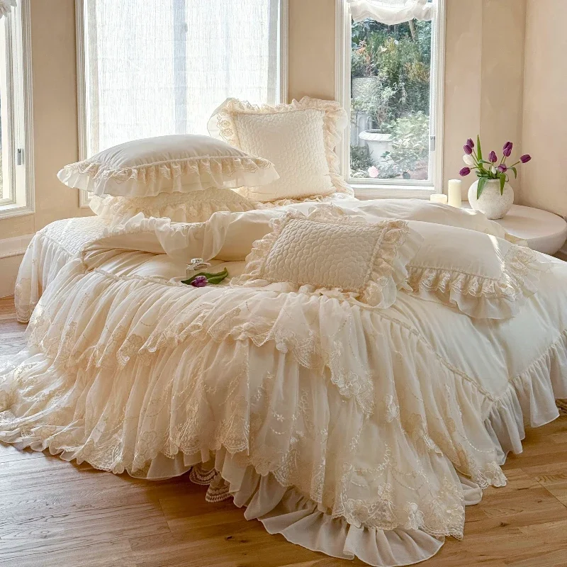 French Style Premium Feel Cotton Long-staple Cotton Four Piece Bed Cover Set Princess Style Lace Lace Duvet Cover Bedding 6