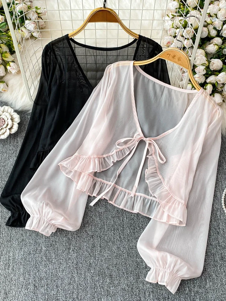 

Summer Thin Breathable Loose ort Air Conditioned irt Women's Outerwear Top with Lotus Le Design V-Ne Long Sve