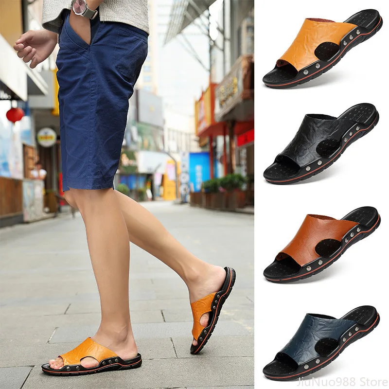 Big Size Men Slippers Summer Genuine Leather Casual Slides Street Fashion Beach Shoes Cow Leather Sandals