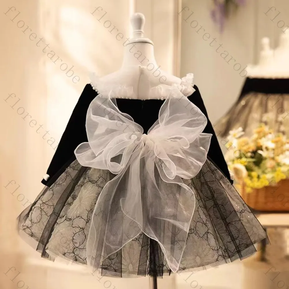 Customized Black Flower Girl Dress A Line Short Square Neck Long Sleeve Velvet Tulle Lace Pearl Ruffle Wedding Kids Party Gown