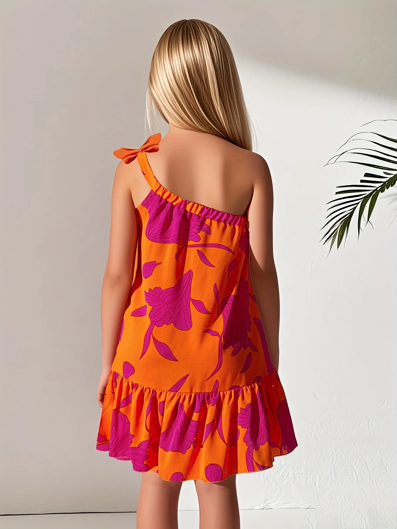 Trendiges Mädchen-Kleid mit One-Shoulder-Design und Tropenmuster, kurzes Kleid für Kinder, Sommer, Strandurlaub, Poolparty, Urlaub, lässiges, stilvolles Outfit – Detail 2