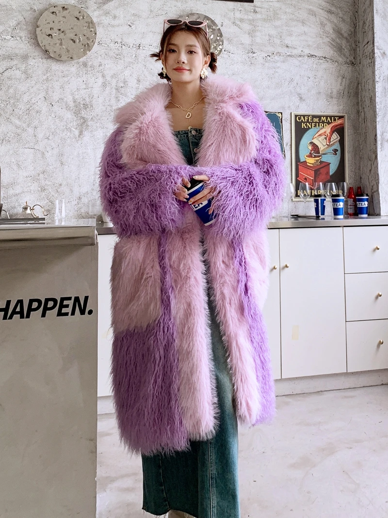 Light Purpl Faux Fur Coat Lady Fashion Personalized Streetwear Furry Lapel Long Jacket Winter Women\'s Coats Performance Costume