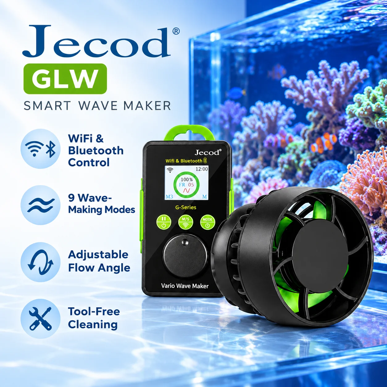 Jebao Jecod GLW 5. Generation OTA Wellenmacher mit variabler Frequenz, WiFi, leise, tauchfähige Umwälzpumpe für Salzwasser, Riffwasser und Süßwasser