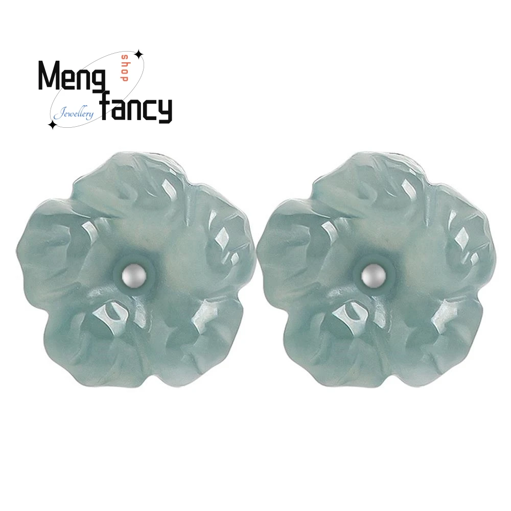 Original Natural A-goods Jadeite Blue Water Peach Blossom Earrings Icy Jade Petals S925 Silver Inlaid Ancient Style Fine Jewelry