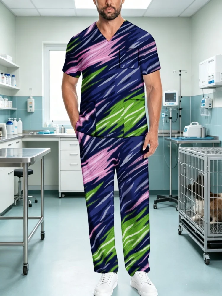 Hot Sale Mens Printed Medical Scrubs Uniform Multi Pockets Stretch Healthcare Workwear Green Ombre Pattern Scrub Suit view 5