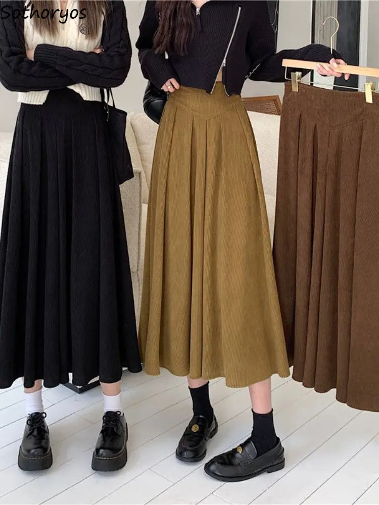 

Skirt Women Corduroy Minimalist A-line All-match Folds Fashion Loose Casual High Waist Solid Korean Style College Tender Autumn