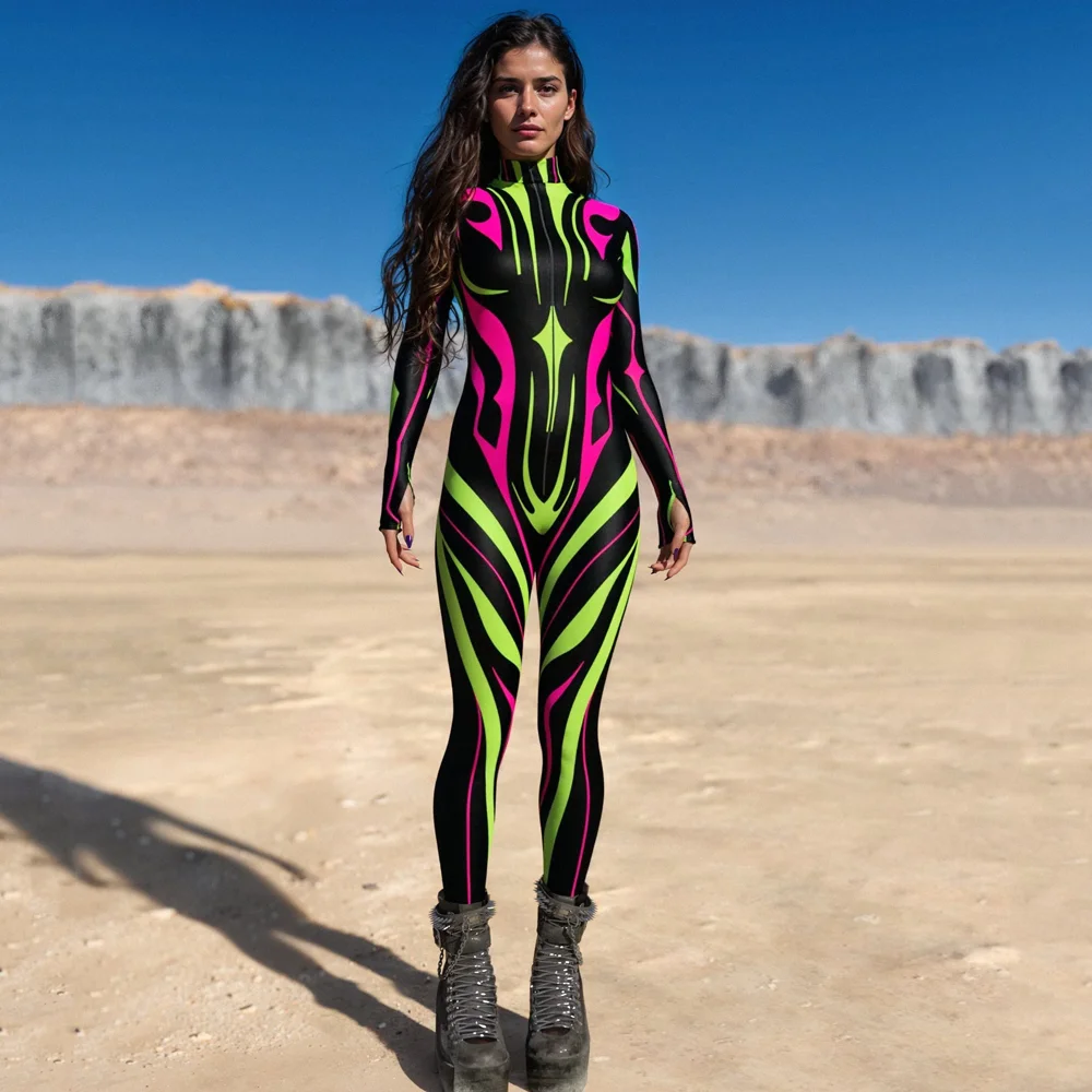 3D Art Digital Print Colorful Hybrid Cyber Jumpsuit Adult Cosplay Punk Bodysuit Halloween Carnival Party Women Cycling Catsuit