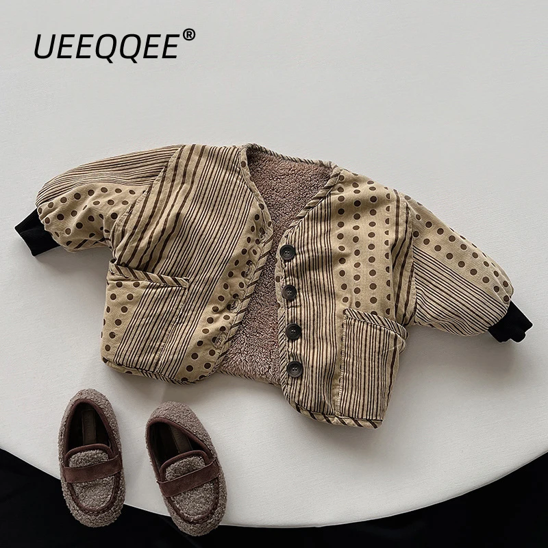 Autumn Winter Children Jackets 1-8Y Boys Girls Thick Warm Fleece Cotton Print Button Coats Korean Toddler Outerwear Kids Clothes