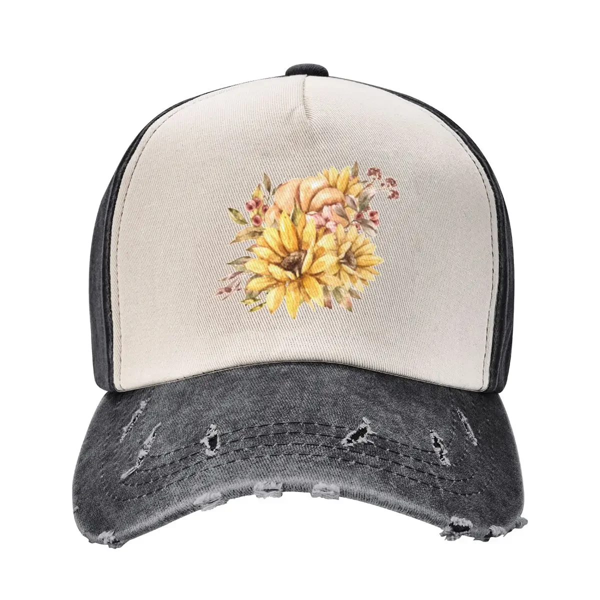 Elegant watercolor fall pumpkin and sunflower print, autumn flower bouquet illustration Baseball Cap Sun Cap Male Women's