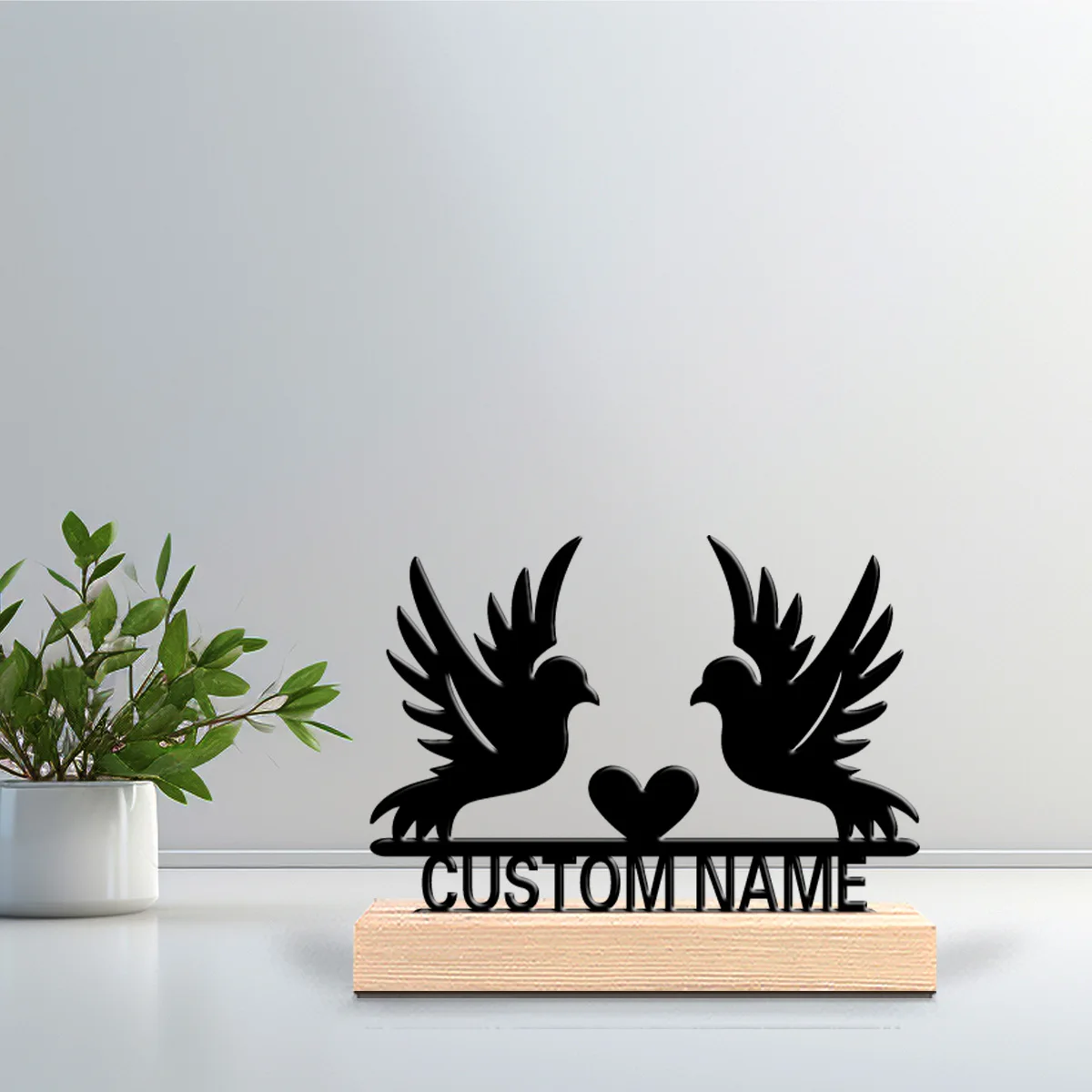 1pc couple bird Custom Name Tin Statue Metal Ornament Handicraft With Wood Base Iron Ornament For Boys Gift