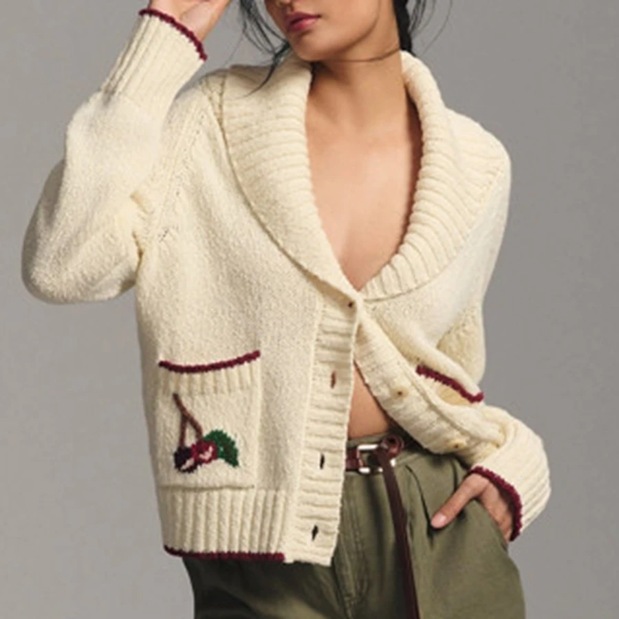 Maglioni da donna con scollo a V profondo e bottoni, cardigan in maglia a maniche lunghe con motivo ciliegia casual, maglieria autunnale calda per streetwear