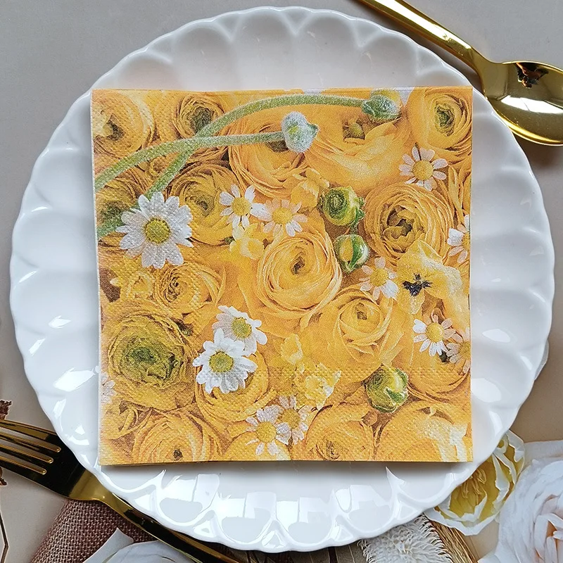 

2026 New Yellow Rose Printed Disposable Napkins Tissues Party Supplies for Weddings Party Festivals Anniversary Celebrations