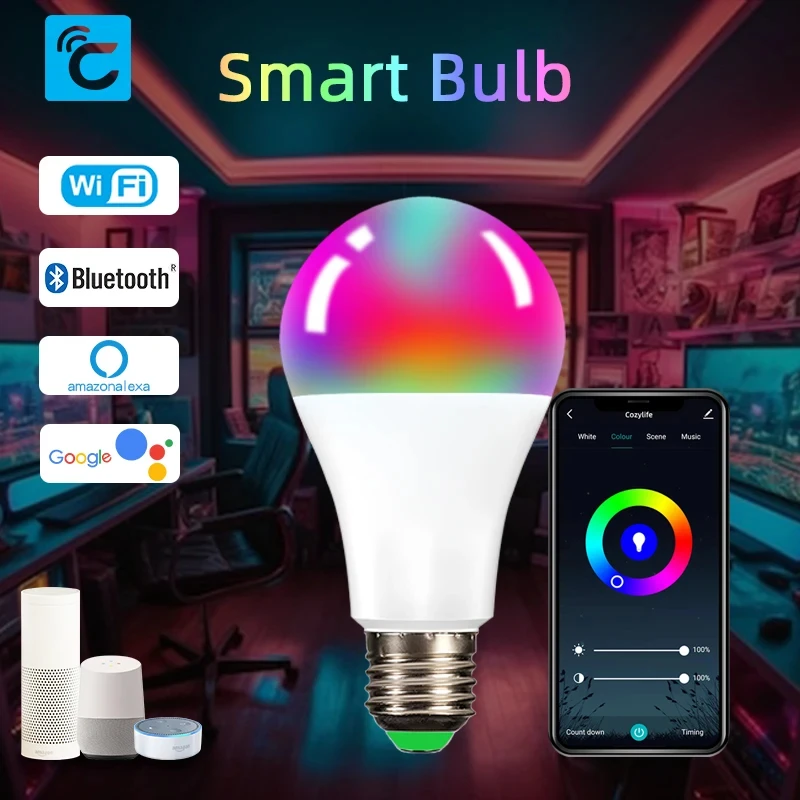 Cozylife-Ampoule intelligente LED 9W RGB + CW, intensité variable, compatible avec Alexa Google