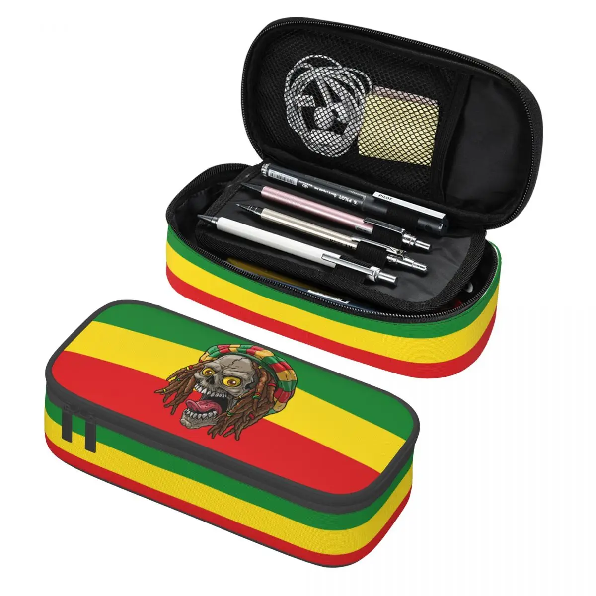 Customized Fashion Jamaica Rasta Skull Pencil Case for Boys Gilrs Large Storage Jamaican Pen Bag Box School Supplies