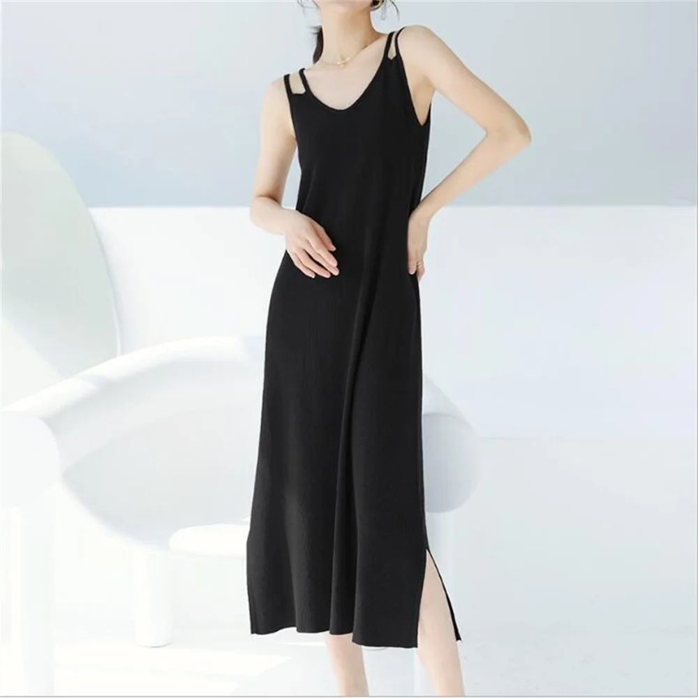 

2021 Summer Ice Silk Knitted Sling Dress Women Loose Sleeveless Bottoming Dress Sexy Split Street Sexy Casual Slim Vestidos