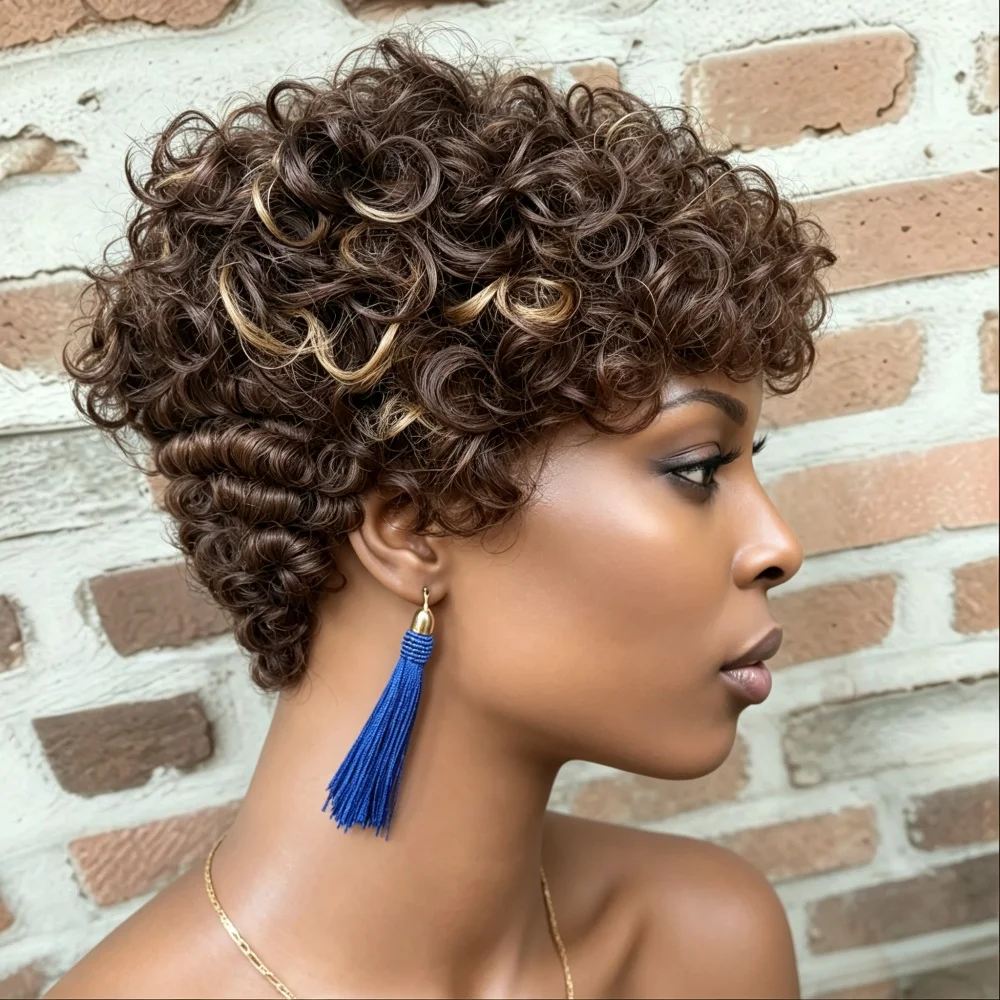 Black Friday Sale Short Curly Highlight Human Hair Wigs for Women, Full Machine Made Bouncy Pixie Curly Wig, Brown with Blonde