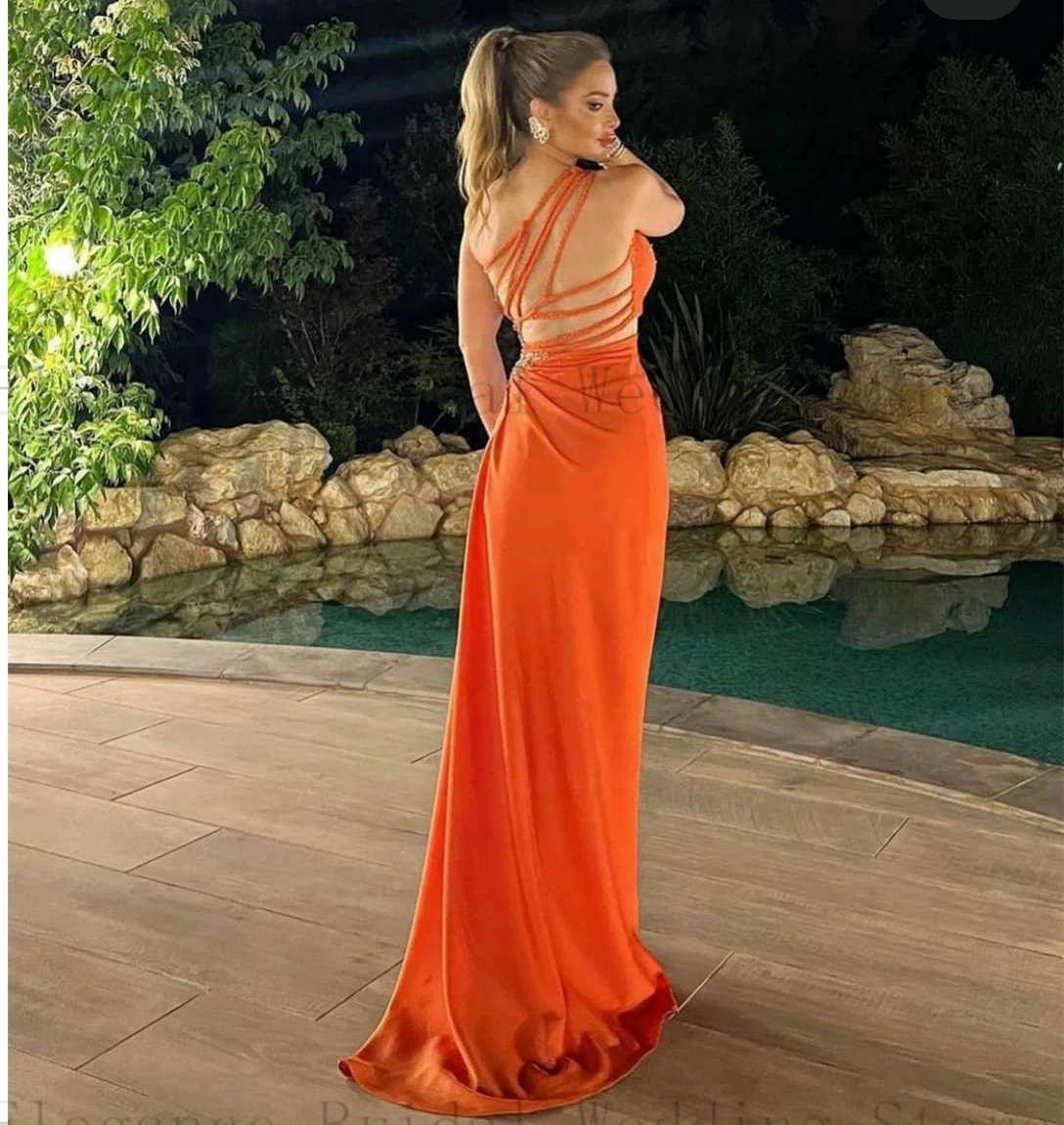 Saudi Style Orange Satin Mermaid Prom Dresses Slit for Wedding Long One Shoulder Party Dress with Sequins vestidos de gala