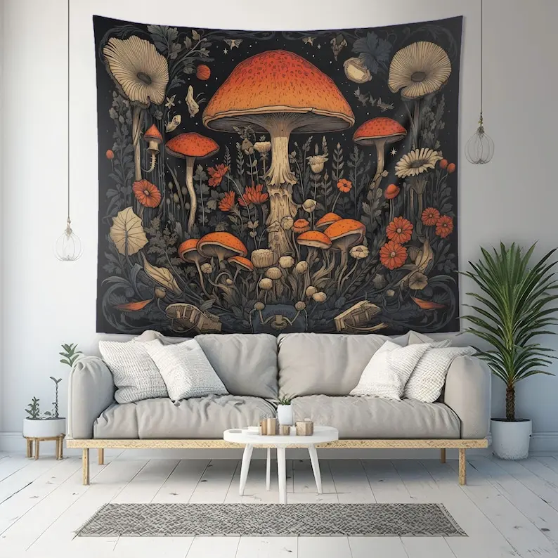 Mushroom Forest Tapestry Boho Wall Art Nature Decor Psychedelic Home Design Fantasy Living Room
