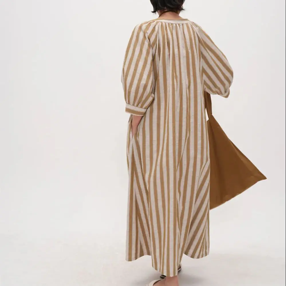 夏ゆったり着痩せ縦ストライプ半袖ワンピース万能着痩せ襟ロングワンピース