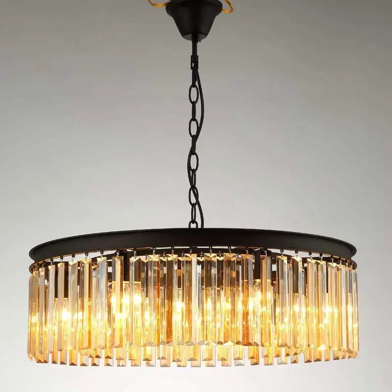 E27 American Country Retro Vintage Amber Crystal Lamp Pendant Lights Living Room Kitchen Black Iron Home Lighting 110-240V