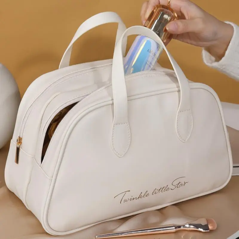 Large-Capacity Double Layer Travel Cosmetic Bag Portable PU Makeup Pouch Waterproof Bathroom Washbag Multifunctional Women Bag