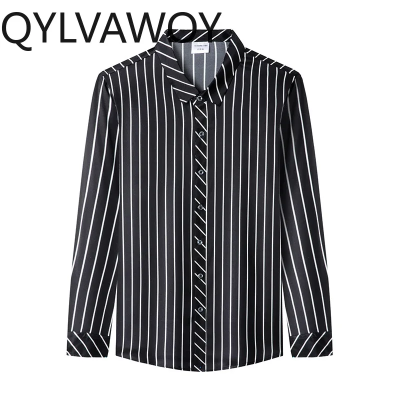 

QYLVAWOY 92.5% Mulberry Silk Men's Shirts Vertical Stripes Shirts Long Sleeves Tops Shirt Thin Camisas Masculina Business Casual