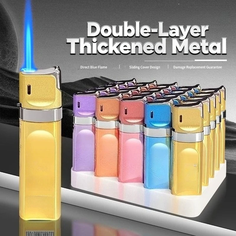 New Metal Jet Flame Lighter, Windproof Refillable Butane Torch with Random Cartoon Print, Durable High-Quality Gas Lighter