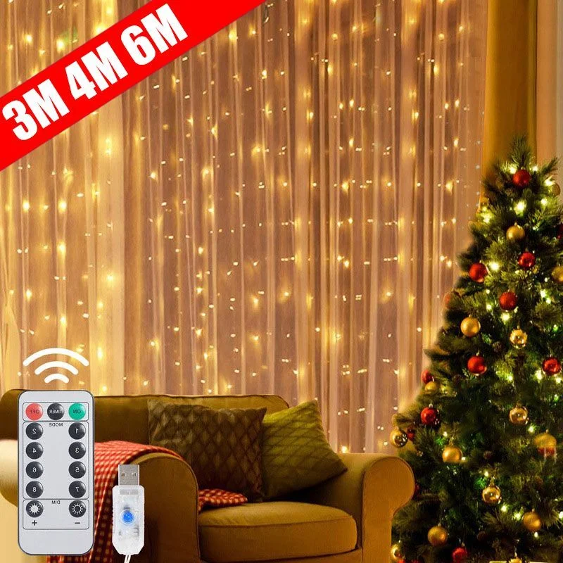 3/4/6M LED String Lights Christmas Decoration Remote Control USB Wedding Garland Curtain Lights Bedroom Light Bulbs Fairy Lights
