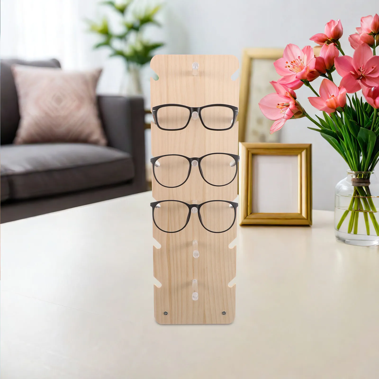 6Pairs Wood Eyewear Display Stand Minimalist Sunglasses Holder Natural Grain Texture Vertical Glasses Organizer for Dresser