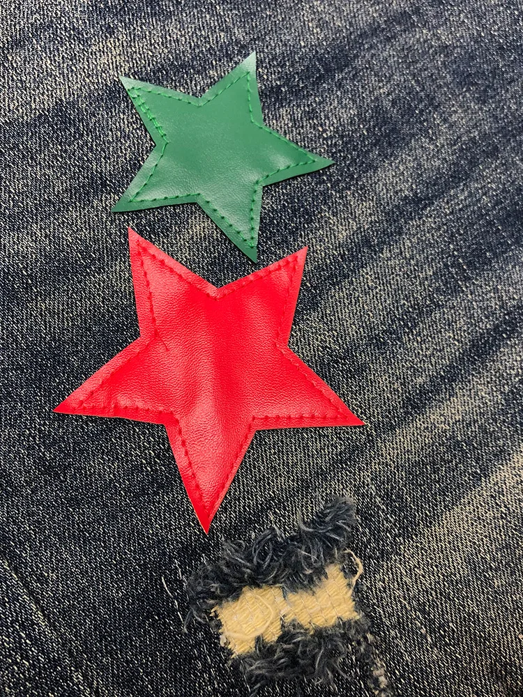 

Fashionable star sticker printed jeans men's trendy brand slim fit small foot elastic distressed retro denim casual pants