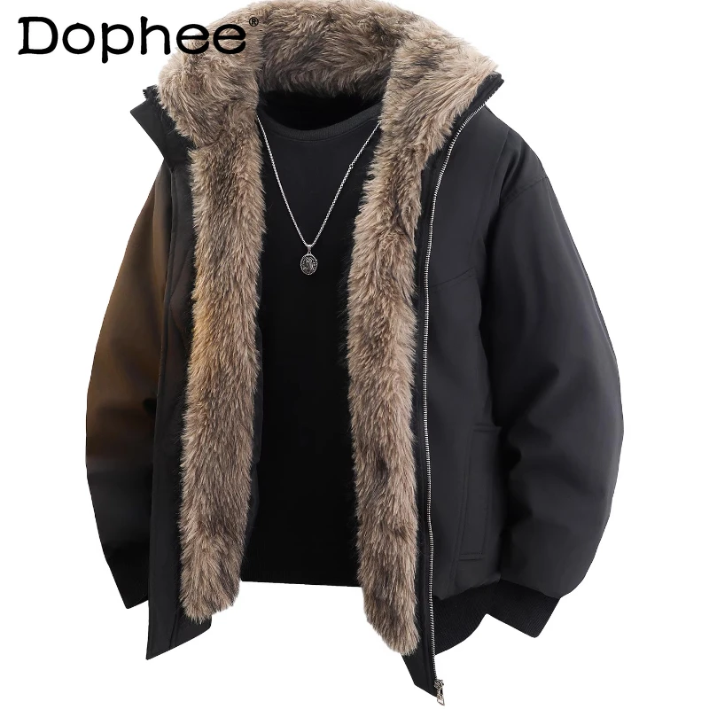 

Мужские зимние новые утепленные куртки с воротником из искусственного меха 2025 года, свободные удобные теплые пальто на молнии, мужские простые куртки с длинными рукавами