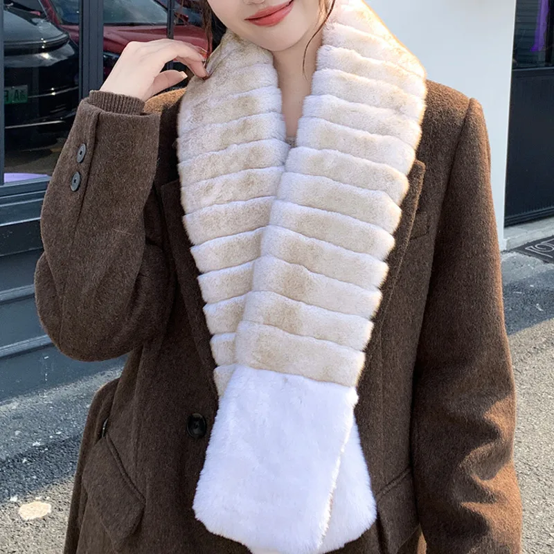 Winter Real Rex Rabbit Fur Scarf Long Women Warm Double Sided Fur Neck Warmer Scarves Natural Fur Scarf Shawl Luxury Thick Scarf