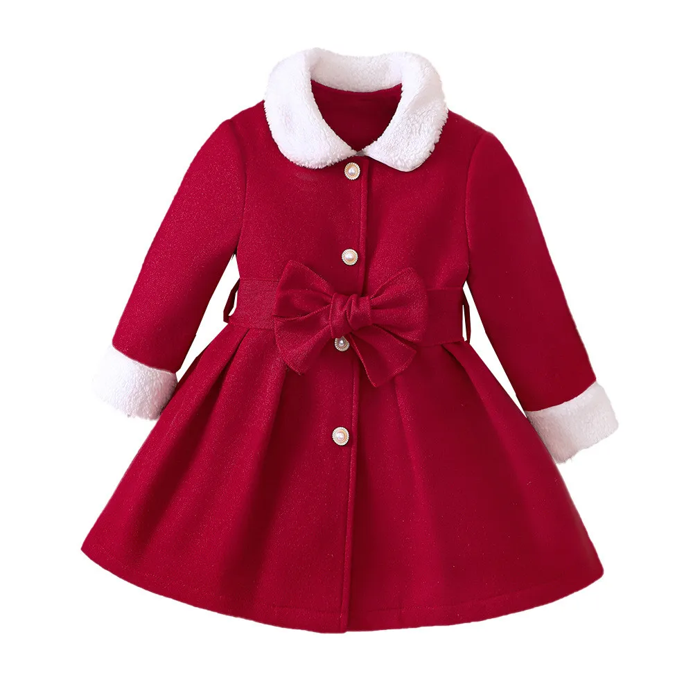 0-5Y Toddler Girls Winter Windproof Coats Red Long Jacket Long Sleeve Turn-down Collar Kids Warm Fleece Outerwear Girl Overcoats