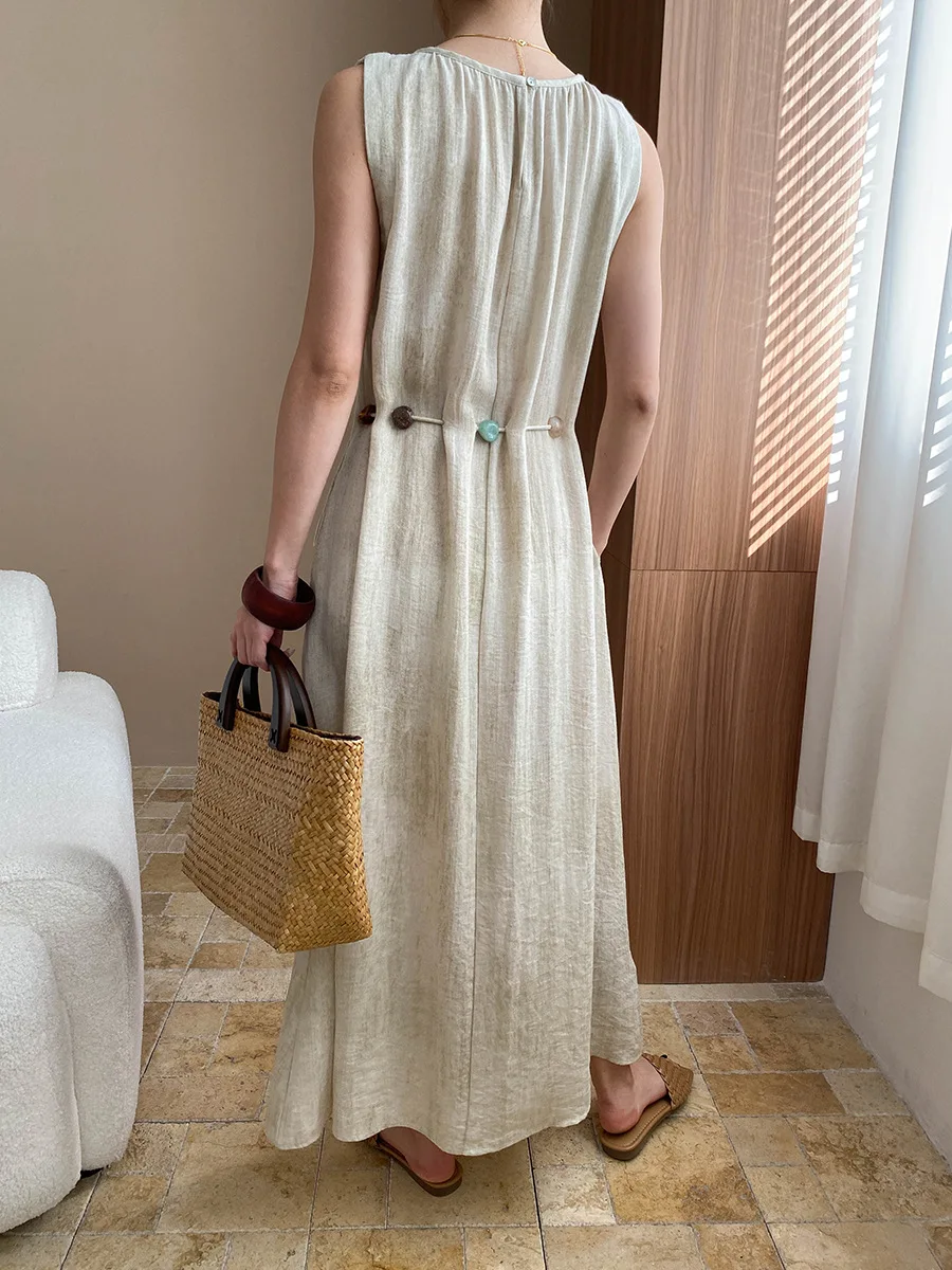 Spring and summer women's casual solid color round neck sleeveless loose dress image 5