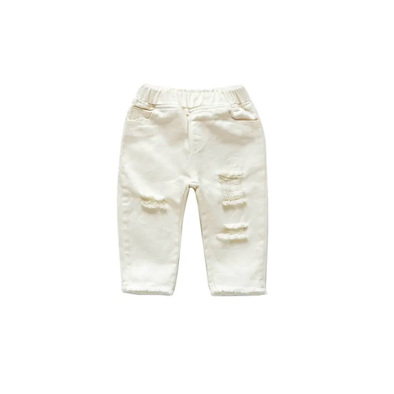 2024 Spring Autumn Baby Girls Ripped Jeans Children Kids Broken Hole Pants White Color Girls Elastic Waist Denim Pants