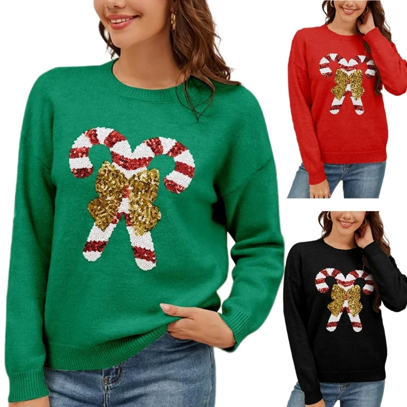 Holiday Spirit Women's Sweater with Glittering Sequins Pullover Candy Cane and Bows Decoration Round Neck Pullover