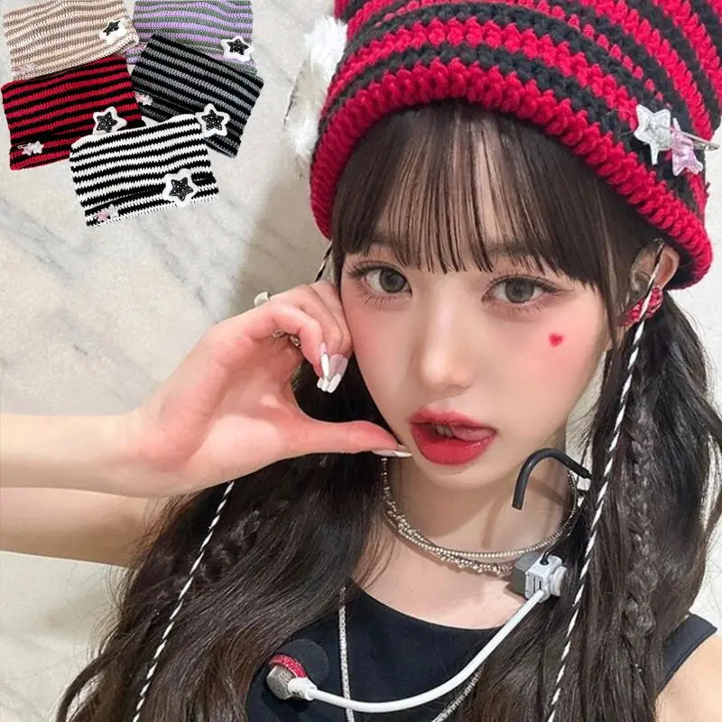 Y2K Cute Star Devil Knitted Beanies for Women Korean Ins Striped Knitted Skullies Hat Autumn Winter Warm Wool Pullover Cap