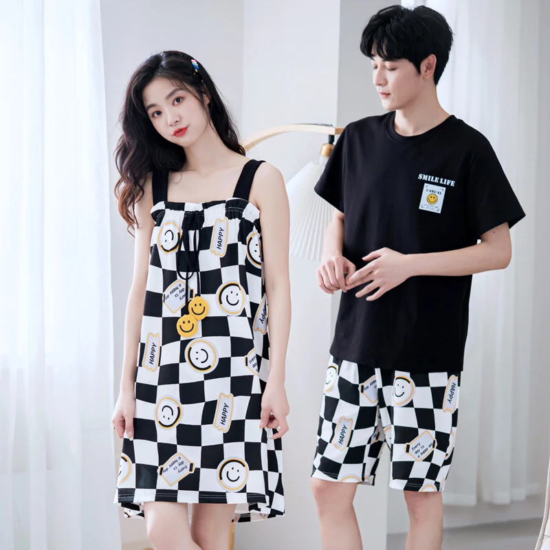 

Couple Pajama Set Summer 100% Cotton Pyjamas Men Sleeveless Pijamas Women Sling Nightgown Lovers Sleepwear