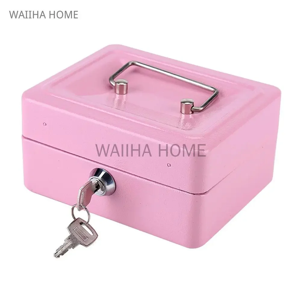 Mini Style Pink Portable Steel Lockable Cash Money Safe Security Box Money Cash Coin Register Insert Tray Cashier Drawer Storage