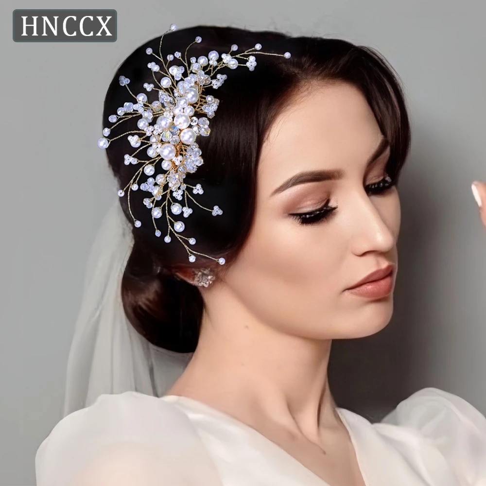 

HNCCX Luxury Pearl Crystal Bride Hair Comb Wedding Golden Color Side Comb Hair Ornaments Handmade Party Headpieces HP878
