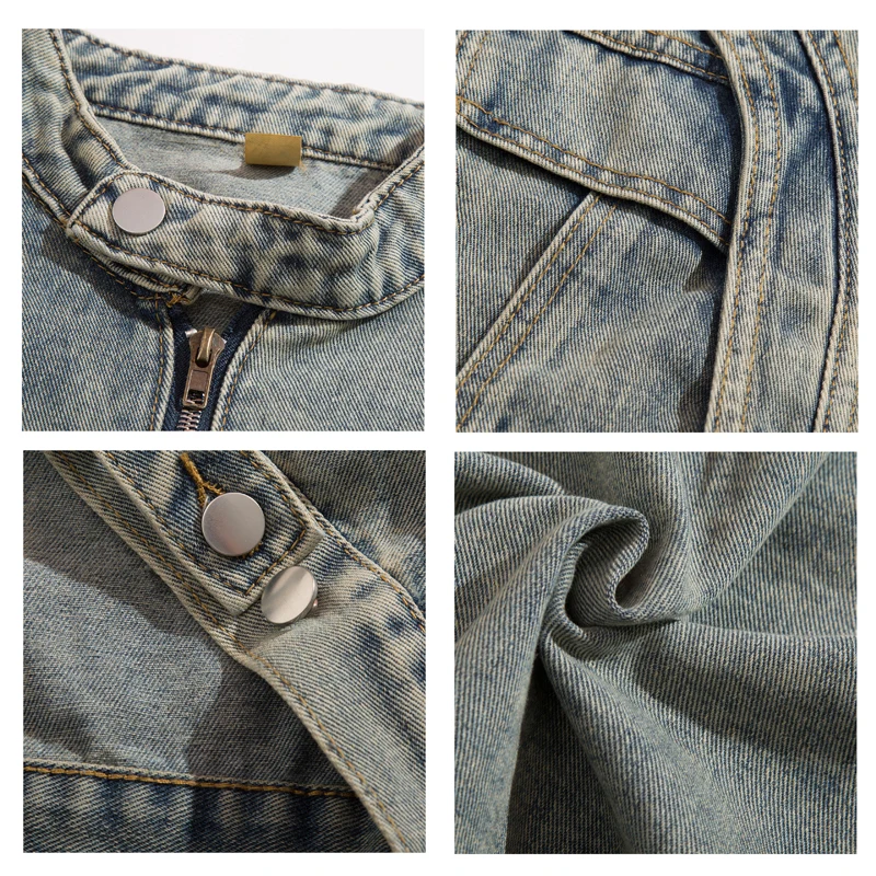 Veste en jean déstructurée patchwork style américain pour homme, tendance streetwear, avec épaulettes épaisses