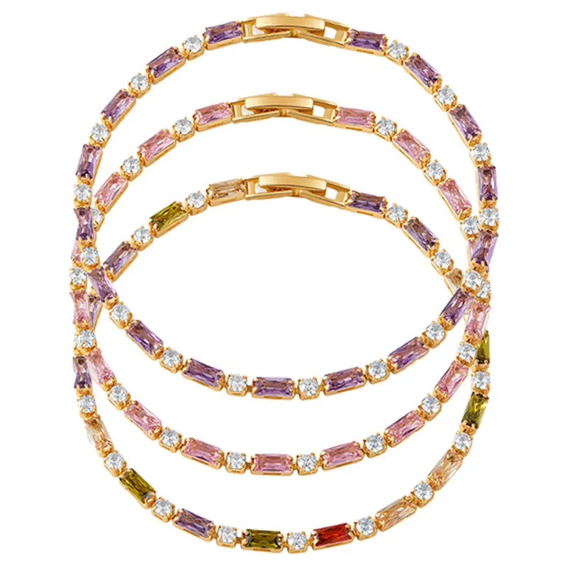 

Luxury Rectangle Colorful Zircon Bracelet for Women Fashion OL Design Copper 18K Gold Plated Chain Daily Wear Jewelry Party