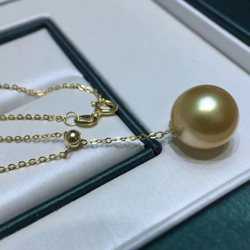 Large AAAAA 10-11mm South China Sea Authentic Gold Round Pearl Pendant Necklace 925S-