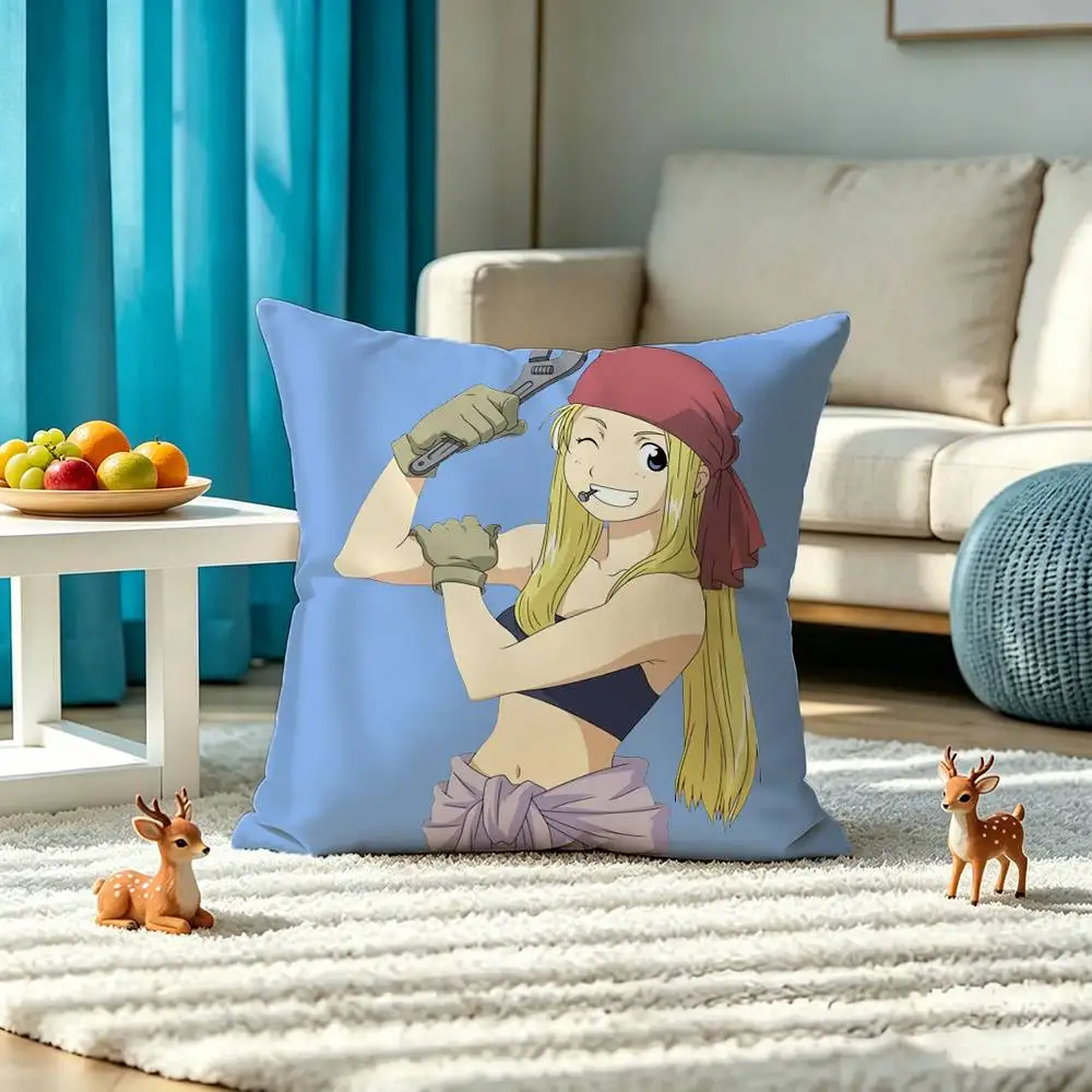 F-Fullmetal Alchemist Winry Rockbell Square Double-Sided printed Pillow Case Bedroom Bedside Pillow Sofa Cushion Cover